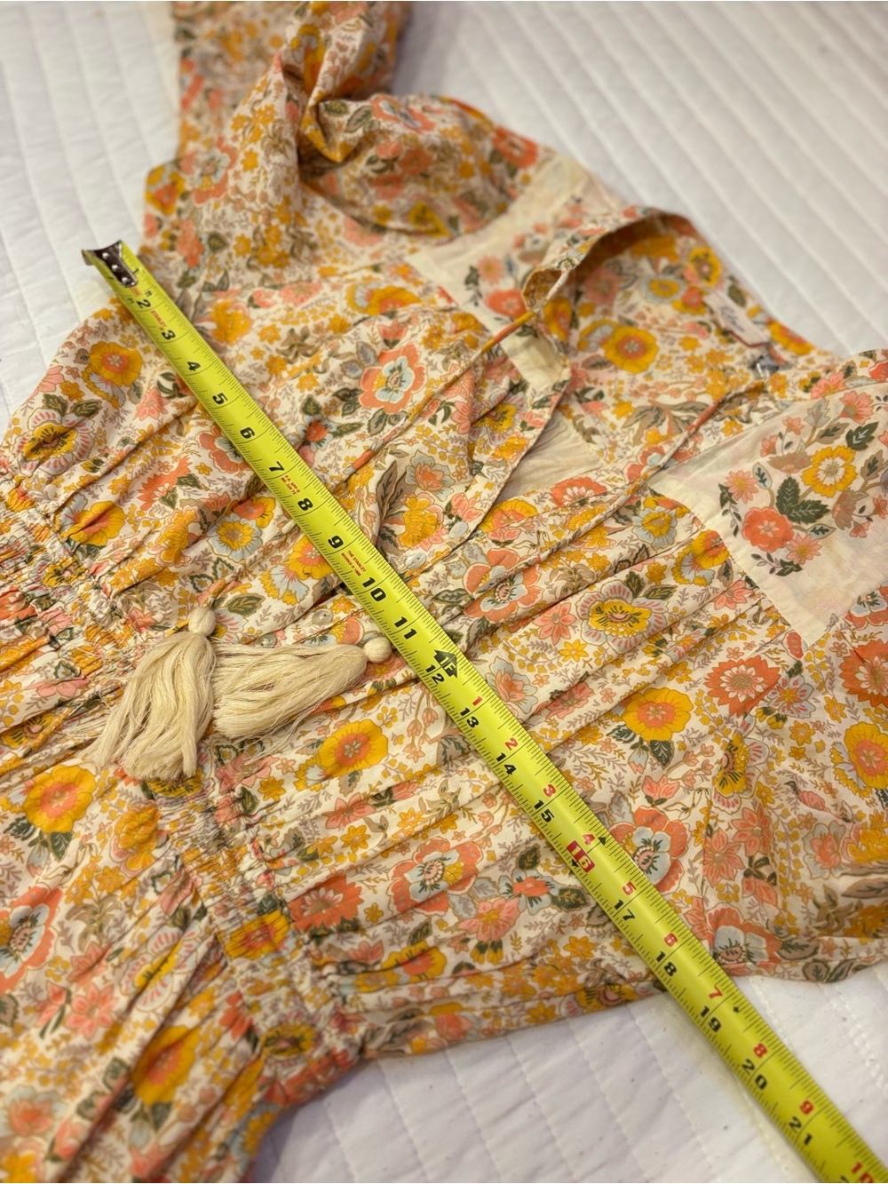 ELAN Monterey Print Tie Neck Long Sleeve Mini Dress Floral Boho Cream Yellow S - Picture 8 of 8